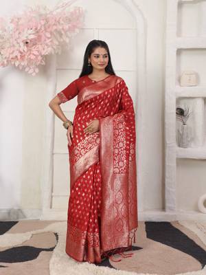 Red color weving work lichi silk fancy saree with blouse 5