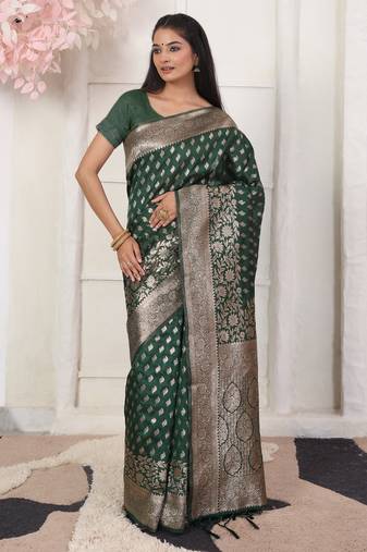 Green color weving work lichi silk fancy saree with blouse