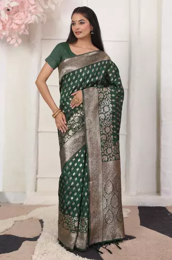 Green color weving work lichi silk fancy saree with blouse