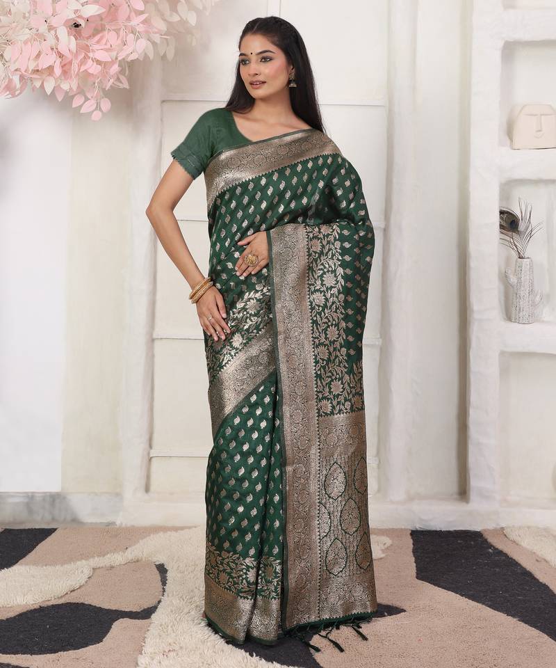 Green color weving work lichi silk fancy saree with blouse