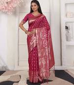 Blue color weving work lichi silk fancy saree with blouse