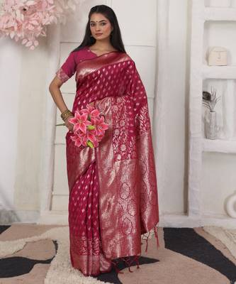 Blue color weving work lichi silk fancy saree with blouse 5