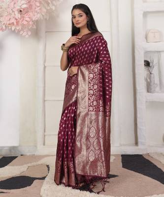 Pink color weving work lichi silk fancy saree with blouse 1