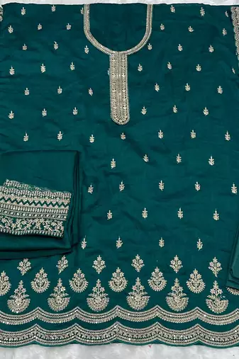 Teal green silk georgette suit with embroidery sequin 