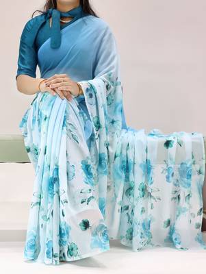sky color all over floral printed work weightless saree with unstitched blouse 1