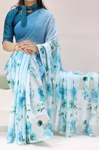 sky color all over floral printed work weightless saree with unstitched blouse