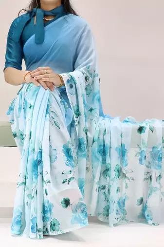 sky color all over floral printed work weightless saree with unstitched blouse