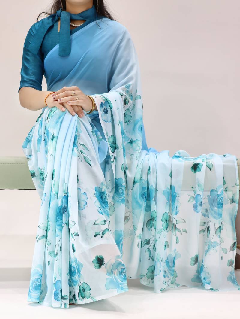 sky color all over floral printed work weightless saree with unstitched blouse