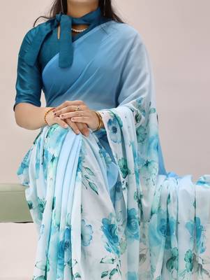 sky color all over floral printed work weightless saree with unstitched blouse 2