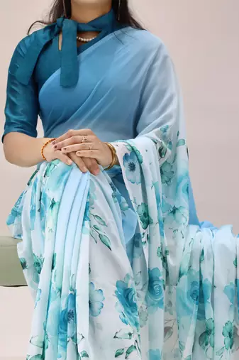 sky color all over floral printed work weightless saree with unstitched blouse