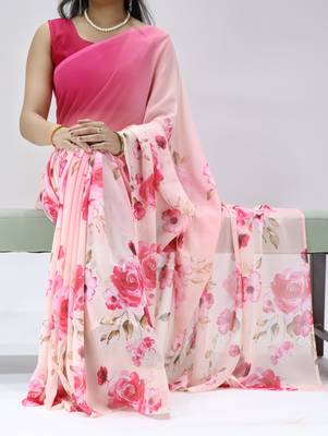 pink color all over floral printed work weightless saree with unstitched blouse 1