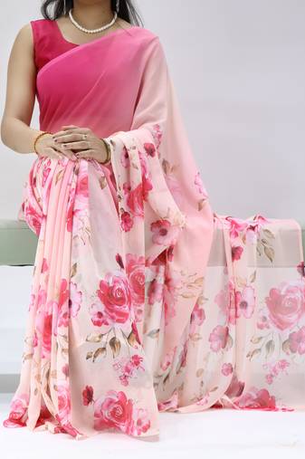 pink color all over floral printed work weightless saree with unstitched blouse