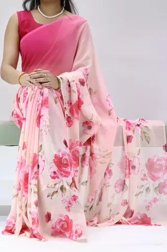 pink color all over floral printed work weightless saree with unstitched blouse