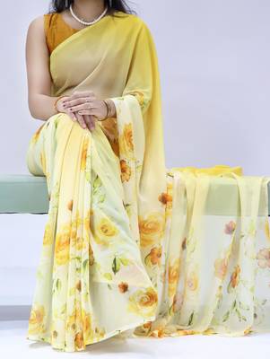 yellow color all over floral printed work weightless saree with unstitched blouse 1