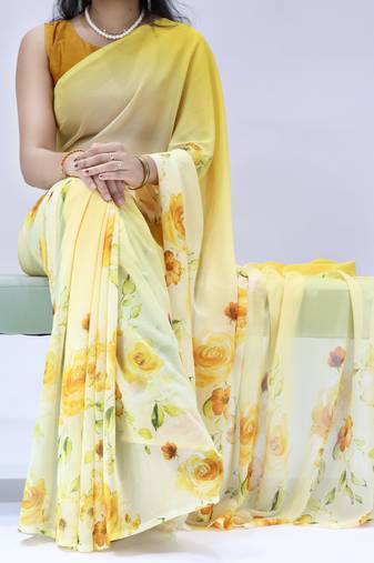 yellow color all over floral printed work weightless saree with unstitched blouse