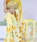 yellow color all over floral printed work weightless saree with unstitched blouse