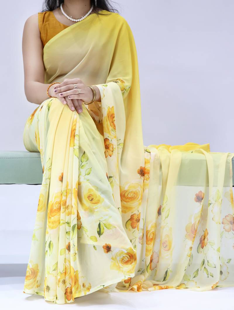 yellow color all over floral printed work weightless saree with unstitched blouse