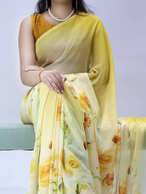 yellow color all over floral printed work weightless saree with unstitched blouse 2