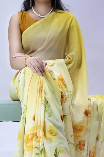 yellow color all over floral printed work weightless saree with unstitched blouse