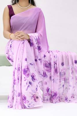 violet color all over floral printed work weightless saree with unstitched blouse 1