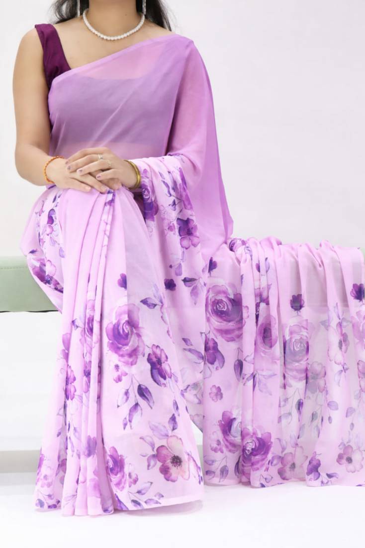violet color all over floral printed work weightless saree with unstitched blouse