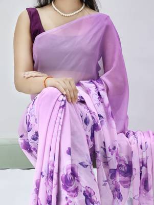 violet color all over floral printed work weightless saree with unstitched blouse 2