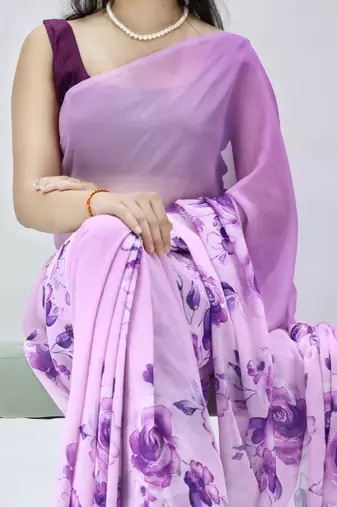 violet color all over floral printed work weightless saree with unstitched blouse