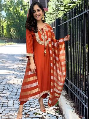 orange embroidered chanderi straight kurta pant and dupatta set 1