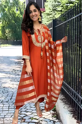 Orange Embroidery work Chanderi Straight Kurta, Pant and Dupatta Set