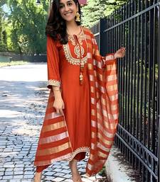 orange embroidered chanderi straight kurta pant and dupatta set