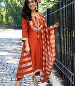 Orange Embroidery work Chanderi Straight Kurta, Pant and Dupatta Set