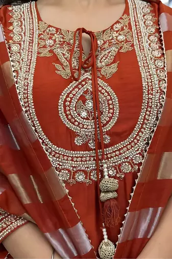 orange embroidered chanderi straight kurta pant and dupatta set