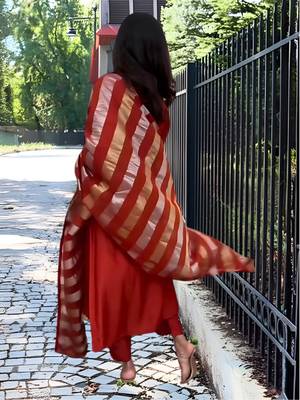 orange embroidered chanderi straight kurta pant and dupatta set 4