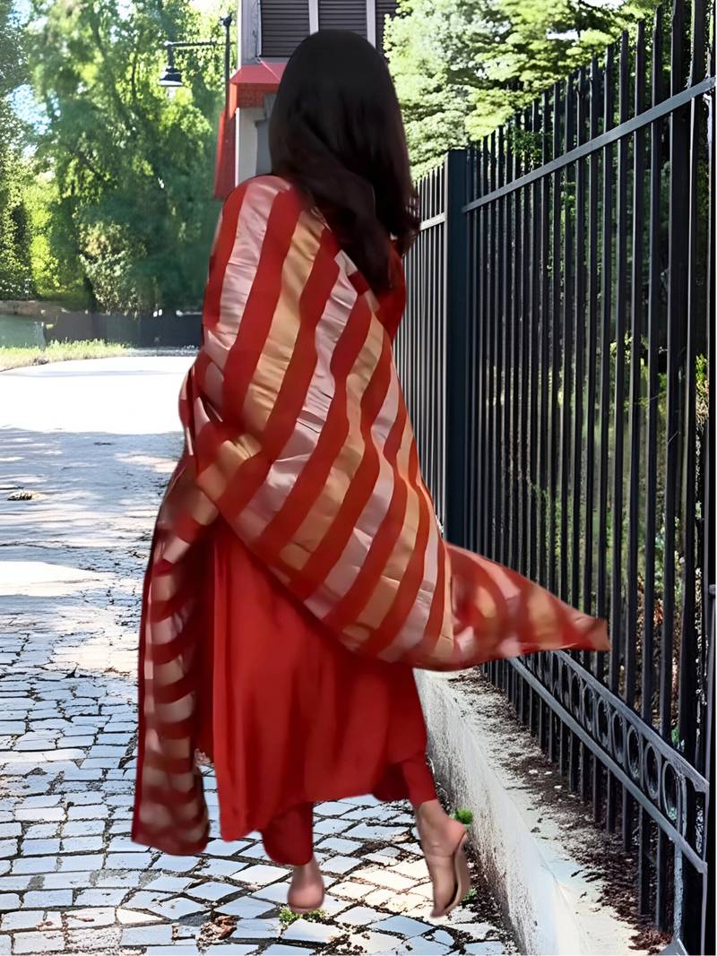 Orange Embroidery work Chanderi Straight Kurta, Pant and Dupatta Set