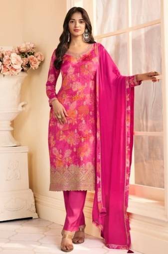 Pink chinon silk semi stitched wedding suits
