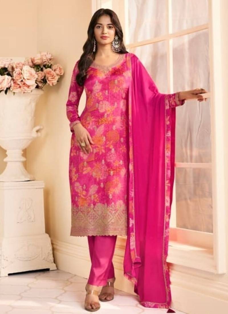 Pink chinon silk semi stitched wedding suits