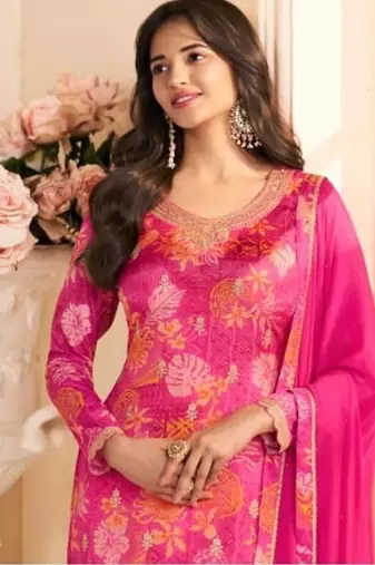 Pink chinon silk Embroidered Salwar suit