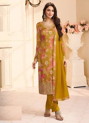 Yellow chinon silk Embroidered Salwar suit 1