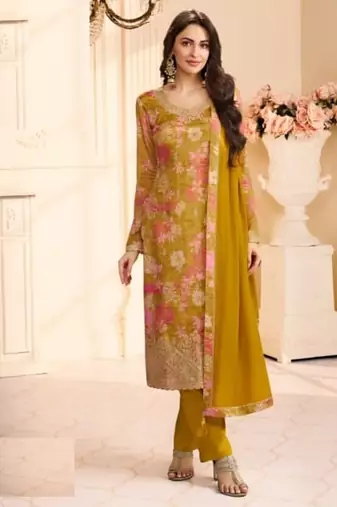 Yellow chinon silk semi stitched wedding suits