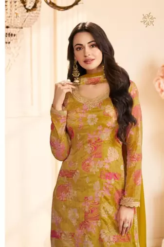 Yellow chinon silk Embroidered Salwar suit