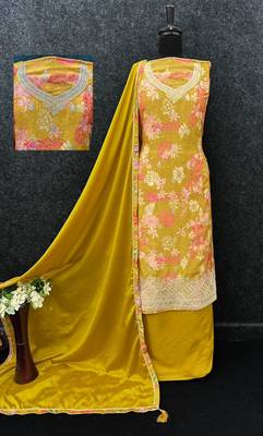 Yellow chinon silk Embroidered Salwar suit 3