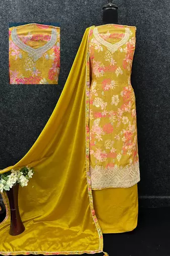 Yellow chinon silk Embroidered Salwar suit
