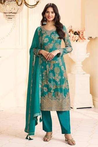 Sky blue chinon silk semi stitched wedding suits