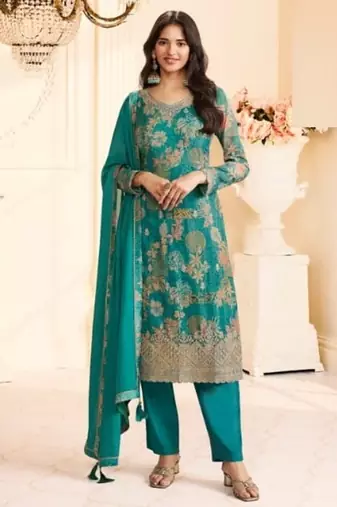 Sky blue chinon silk semi stitched wedding suits