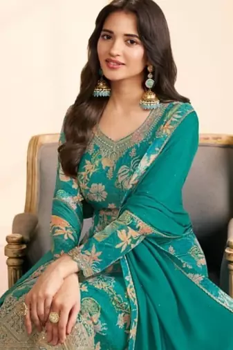Sky blue chinon silk Embroidered Salwar suit