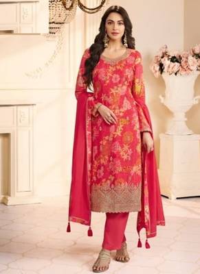 Red chinon silk Embroidered Salwar suit 1