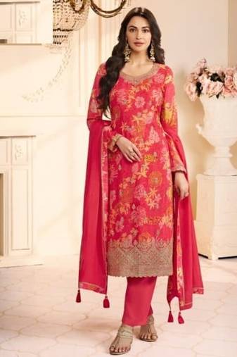 Red chinon silk semi stitched wedding suits