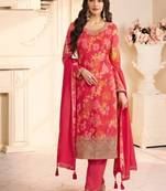 Red chinon silk semi stitched wedding suits
