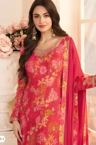 Red chinon silk Embroidered Salwar suit