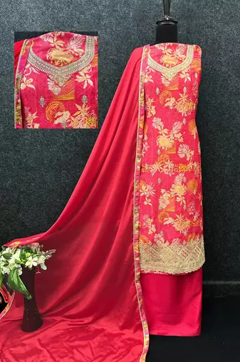 Red chinon silk Embroidered Salwar suit